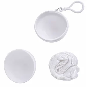 White emergency rain poncho with round clip-on storage ball and folded poncho beside it