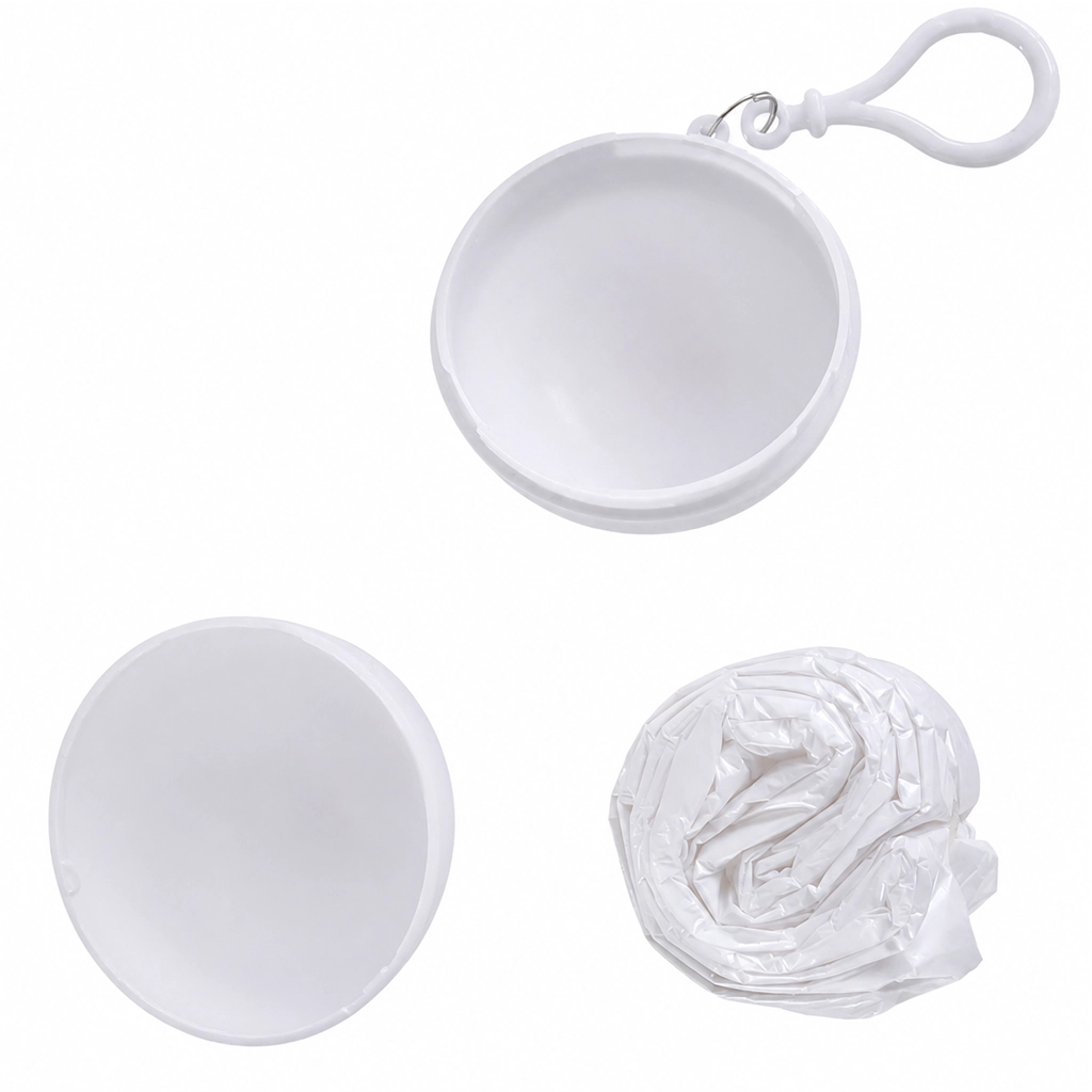 White emergency rain poncho with round clip-on storage ball and folded poncho beside it