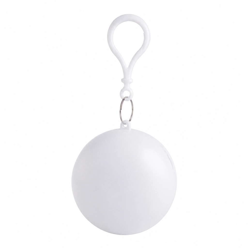 White round clip-on storage ball for holding the emergency rain poncho