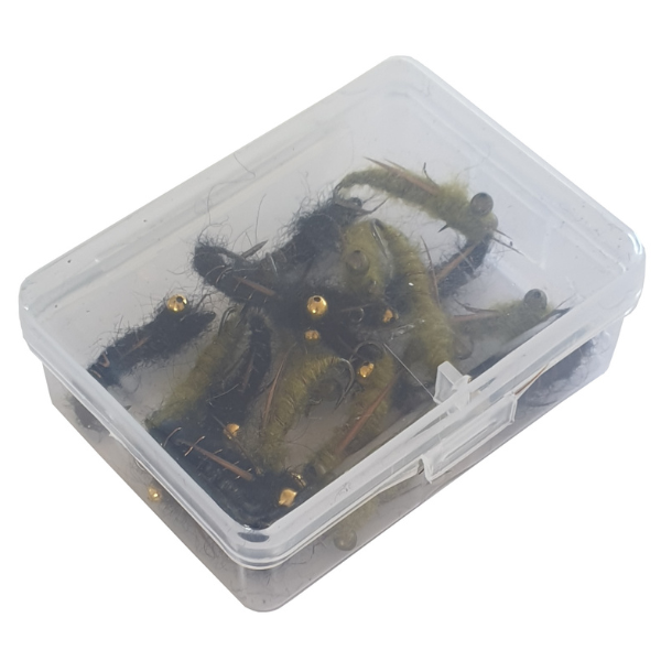 mixed green and black trout fishing flies box closed
