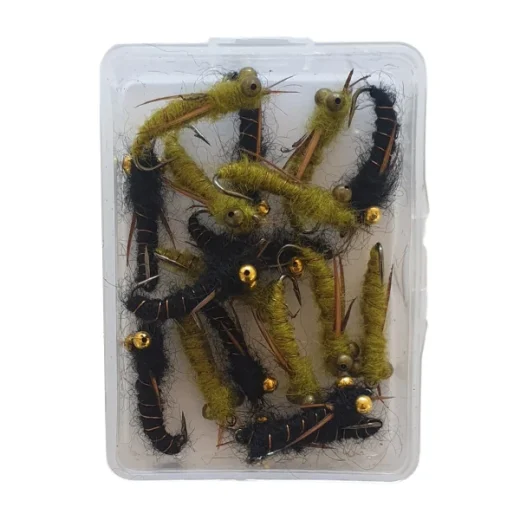 mixed green and black trout fishing flies box open 1