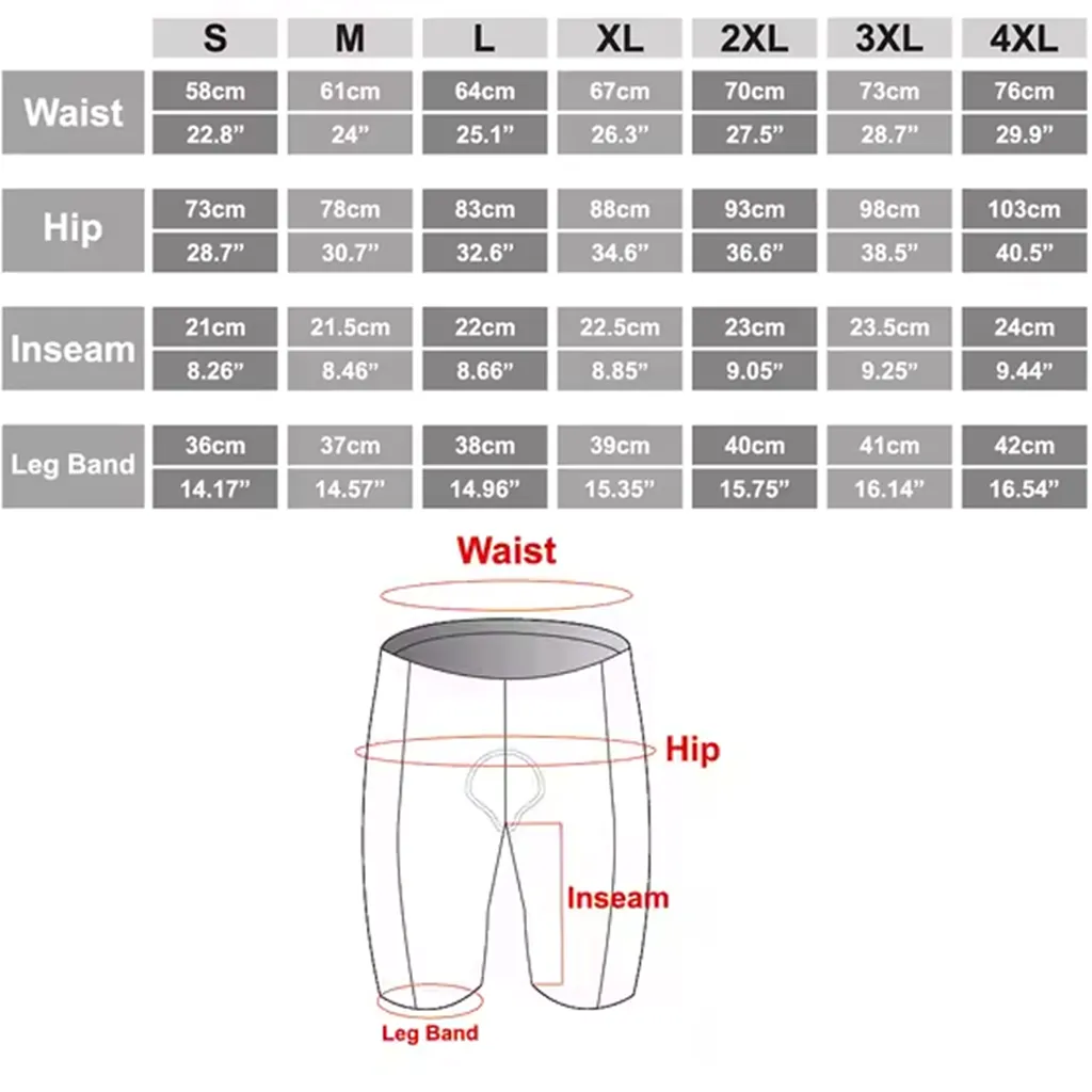 size guide by measurement for xtreme tiger padded cycling shorts