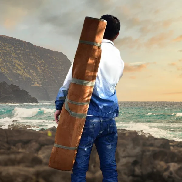 Khaki 150 cm rod storage bag on mans bag fishing