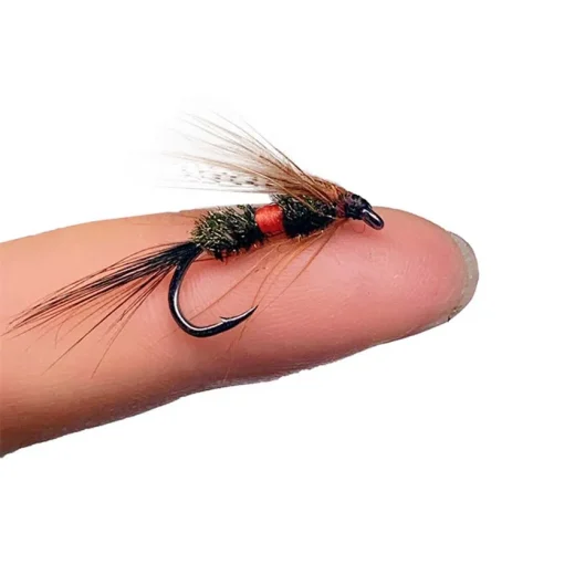 Black Dry Fly with Red Stripe on Finger