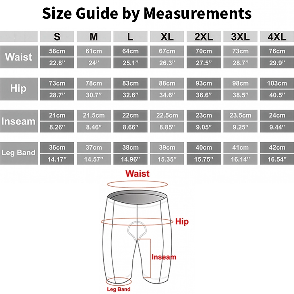 gel padded bike shorts size guide