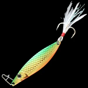 gold and green fishing lure with featued hook