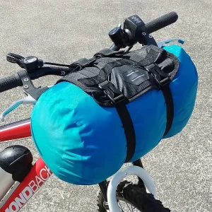 blue bike handlebat bag fitted to a bicycle