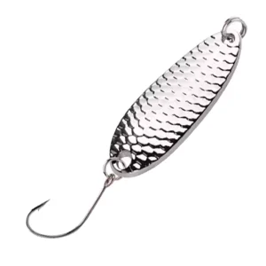 Silver trout spoon lure for overcast or shadowed stream fishing in NZ