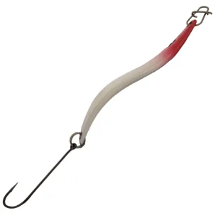 Suckerme Red Sparky spoon lure angled with barbed hook