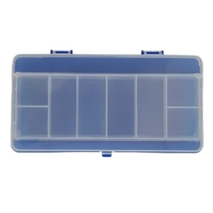 Open small fishing tackle box displaying dual-level storage and blue inner tray