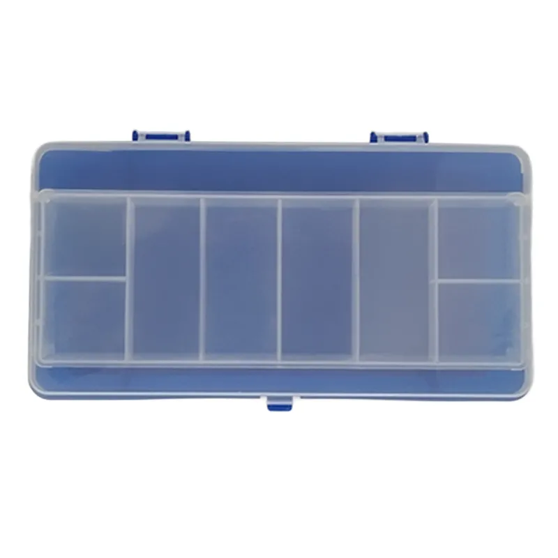 Open small fishing tackle box displaying dual-level storage and blue inner tray