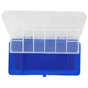 Small fishing tackle box closed with clear lid and blue base showing compartments