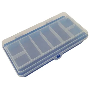 Small fishing tackle box partially open showing clear lid and section dividers
