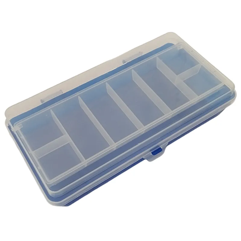 Small fishing tackle box partially open showing clear lid and section dividers