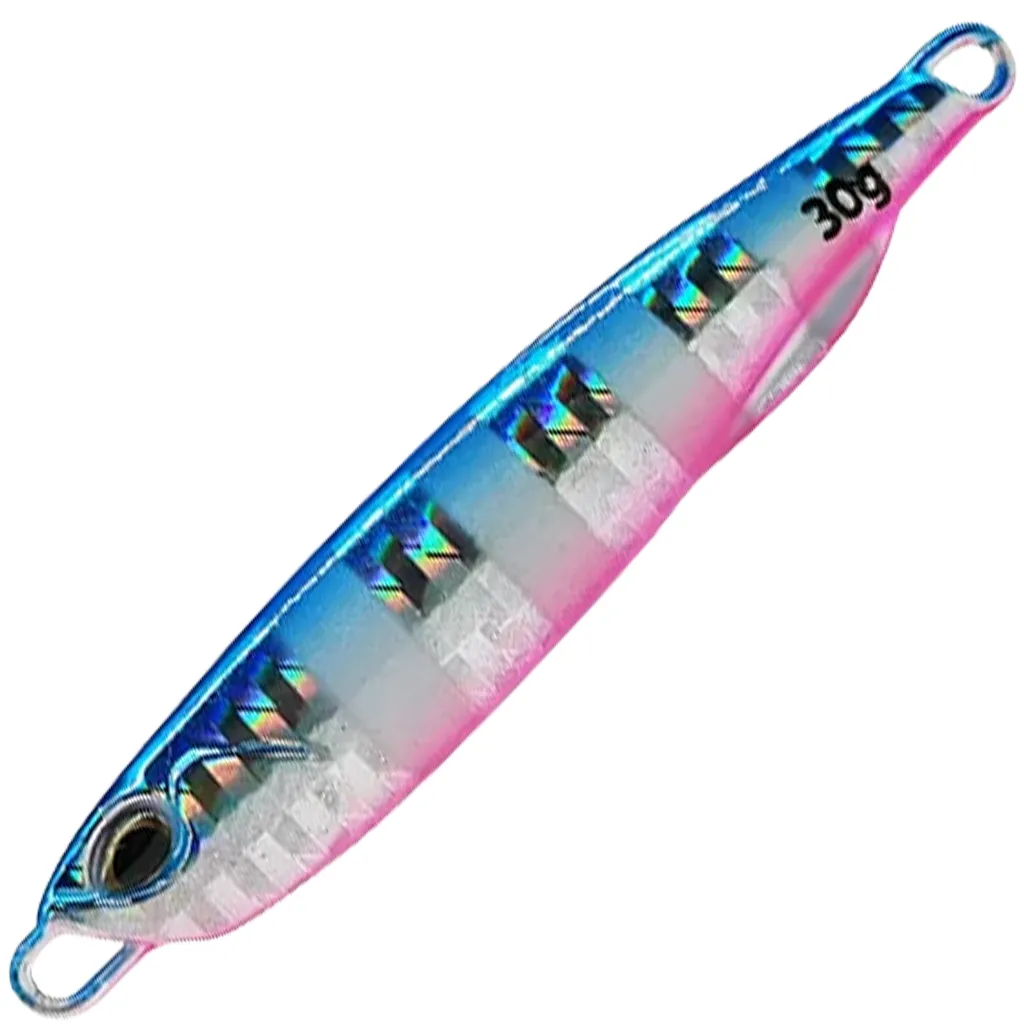 Glow-effect chrome jig with blue top and pink belly stripe, no hooks attached