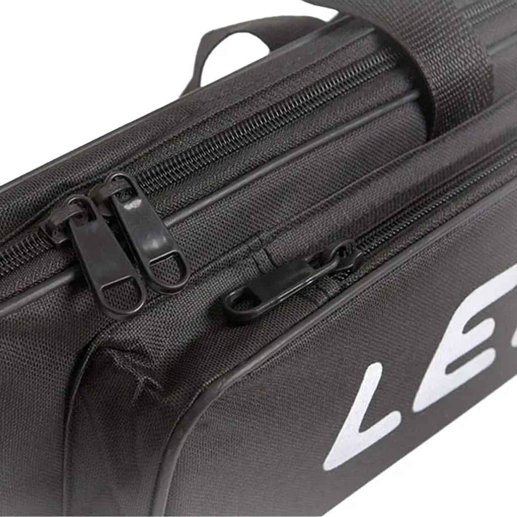 Stitching and pocket detail on black 70cm fishing bag