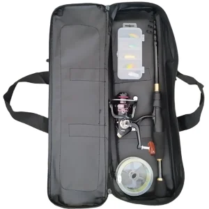 fish rod and tackle bag opened showing example of what can fit inside