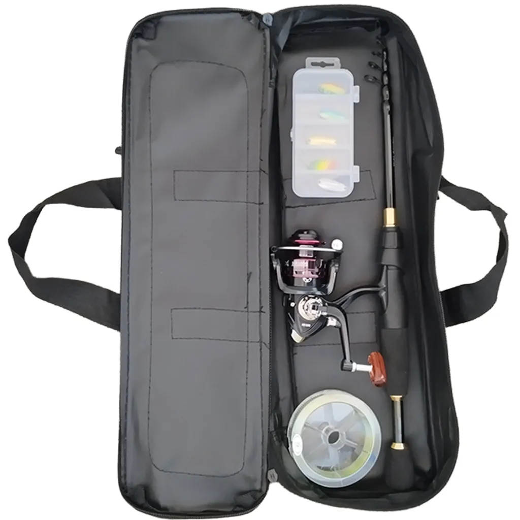 fish rod and tackle bag opened showing example of what can fit inside