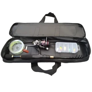 small fishing bag with rod reel line and tackle inside 2