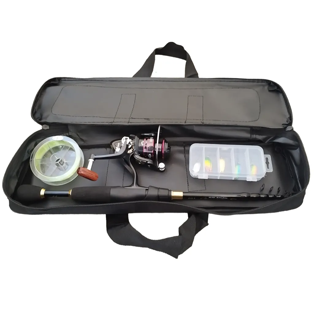 small fishing bag with rod reel line and tackle inside 2