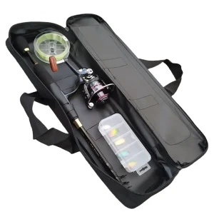 small fishing bag with rod reel line and tackle inside
