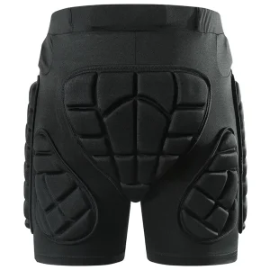 Back view showing EVA tailbone pad and hip padding layout on black padded shorts