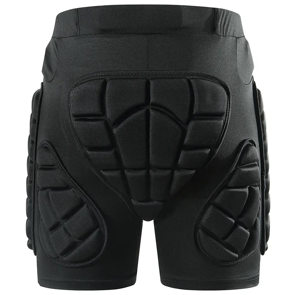 Back view showing EVA tailbone pad and hip padding layout on black padded shorts