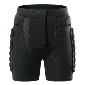 Front view of black hip protection shorts with mesh panels and elastic waistband