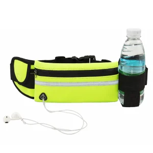 Front view of hi-vis running belt showing zip pocket, earphone port and reflective strip
