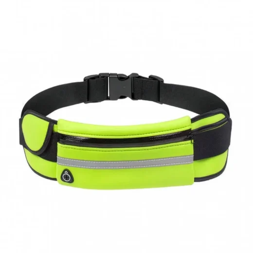 Hi-vis belt for running with phone showing zip pocket, reflective strip and bottle holder