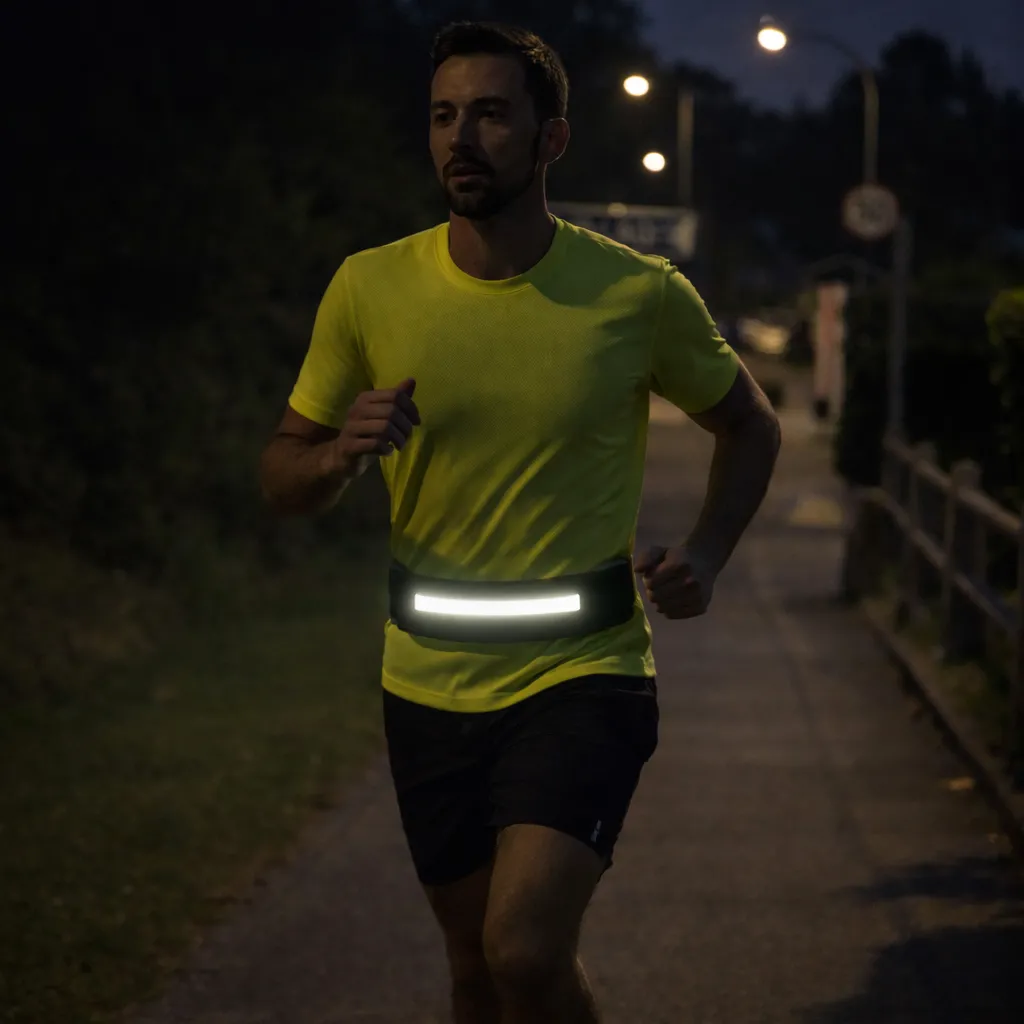 Man jogging at night wearing a reflective running waist belt with bright strip