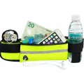 Open hi-vis running waist pack showing phone, cards, cash and keys inside