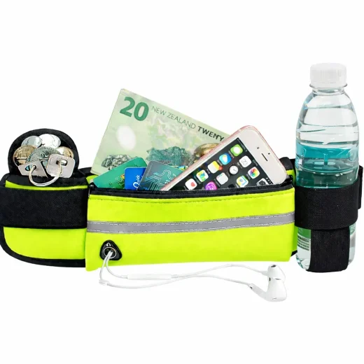 Open hi-vis running waist pack showing phone, cards, cash and keys inside
