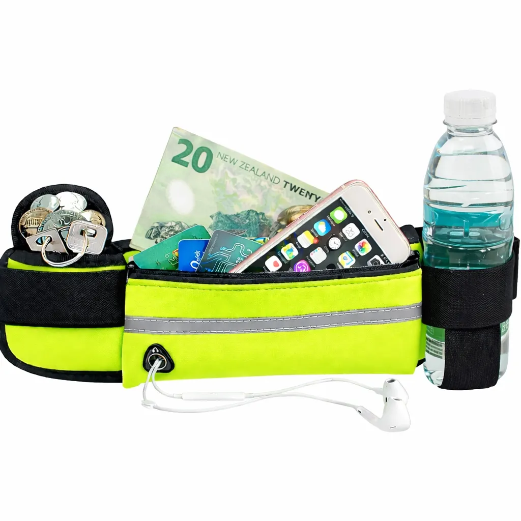 Open hi-vis running waist pack showing phone, cards, cash and keys inside