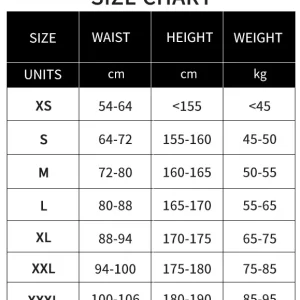 Size chart for hip protection shorts with waist, height, and weight ranges from XS to XXXL