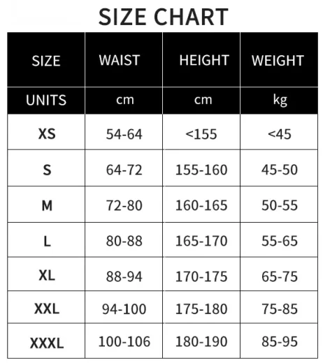 Size chart for hip protection shorts with waist, height, and weight ranges from XS to XXXL