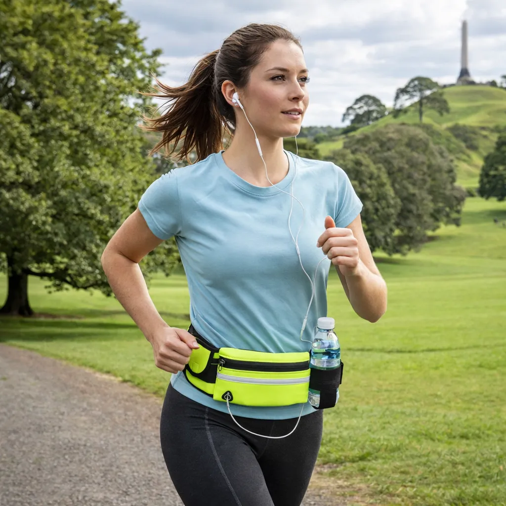 Woman running in a park wearing a hi-vis running waist pack with bottle holder