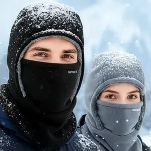 Man and woman wearing Snowpal Balaclavas