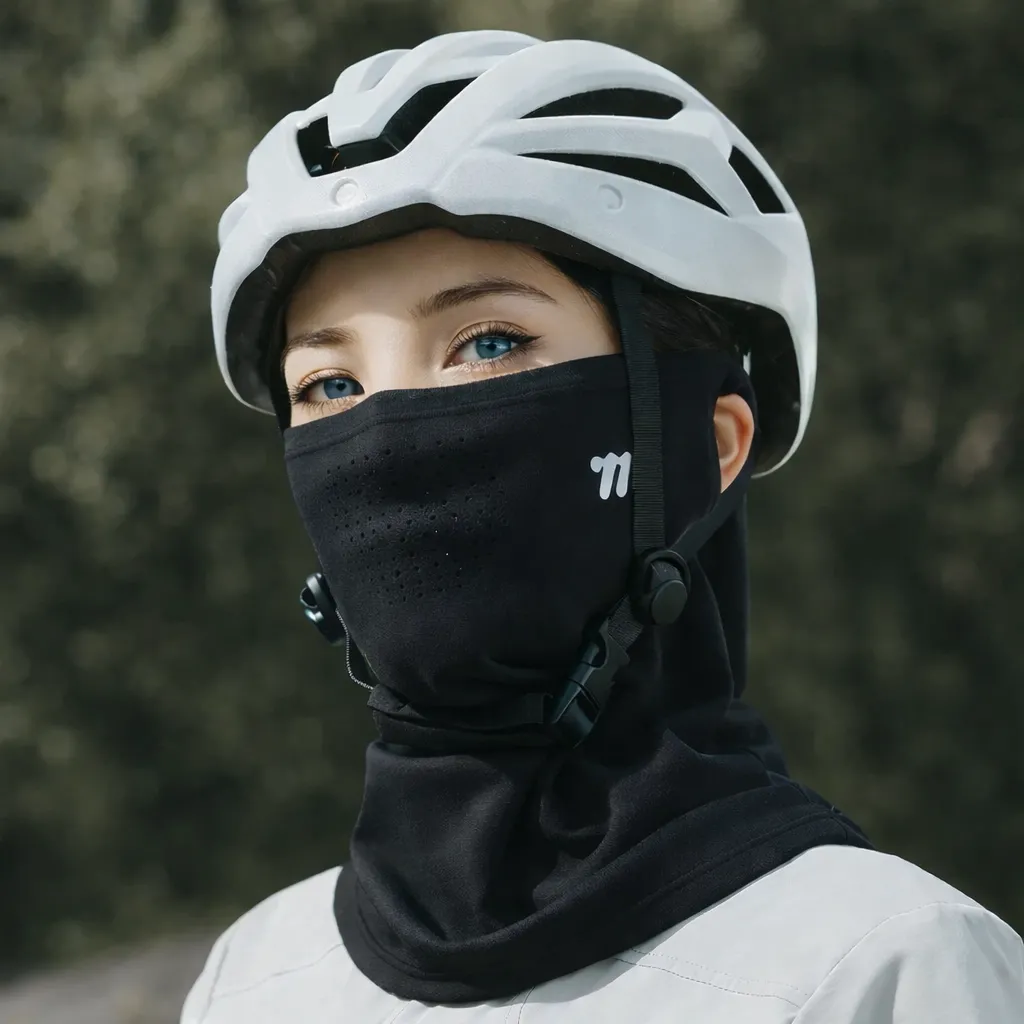 woman wearing a bike helmet and face mask to keep warm while cycling in the winter