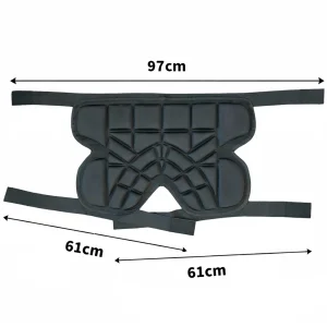 Adjustable black hip protector pad with measurement guide showing approx 97cm waist span and 61cm lower straps