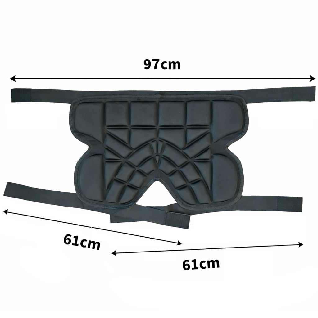Adjustable black hip protector pad with measurement guide showing approx 97cm waist span and 61cm lower straps