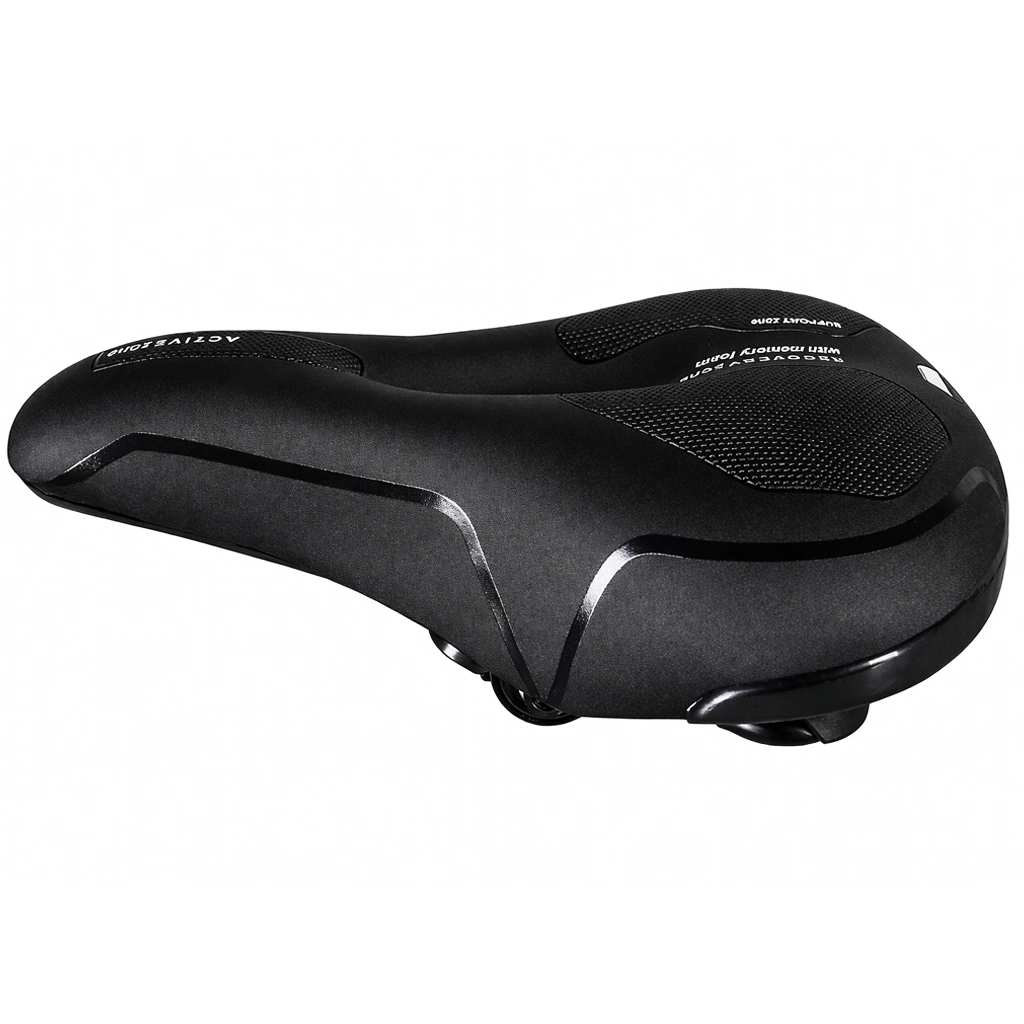 Angled front view of breathable black bike saddle with central relief channel