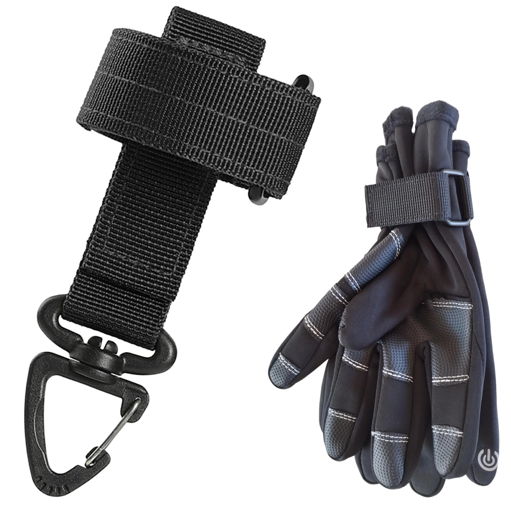 Black glove strap loop hook shown beside insulated gloves to demonstrate how the holder carries gloves