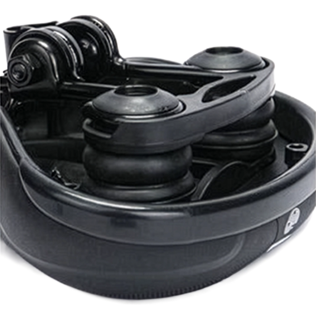 Close up of the underside support structure on a black comfort bicycle saddle