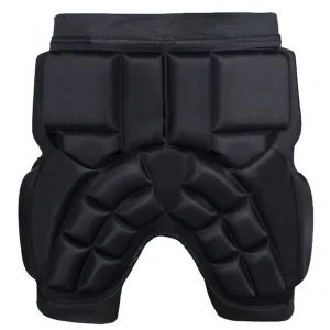 Front view of black padded hip protector with thick rear and tailbone impact panels