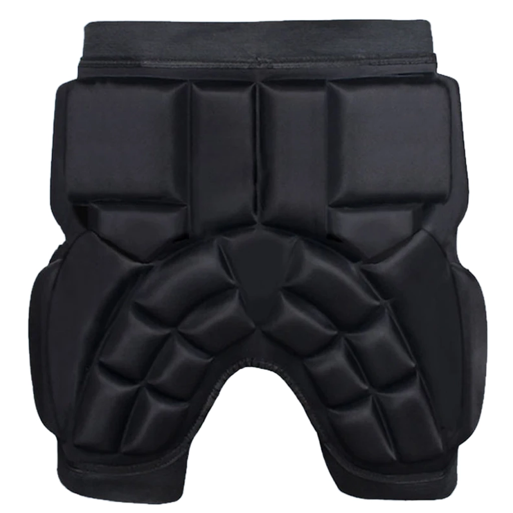 Front view of black padded hip protector with thick rear and tailbone impact panels