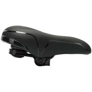 Side profile of black padded bike saddle showing thick foam shape for upright riding