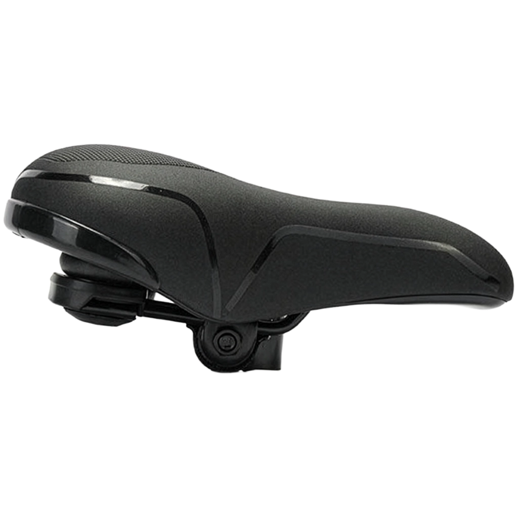 Side profile of black padded bike saddle showing thick foam shape for upright riding