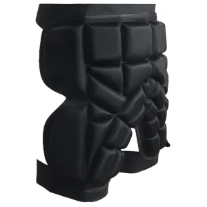 Side view of black unisex hip protector showing thick side padding and adjustable fit
