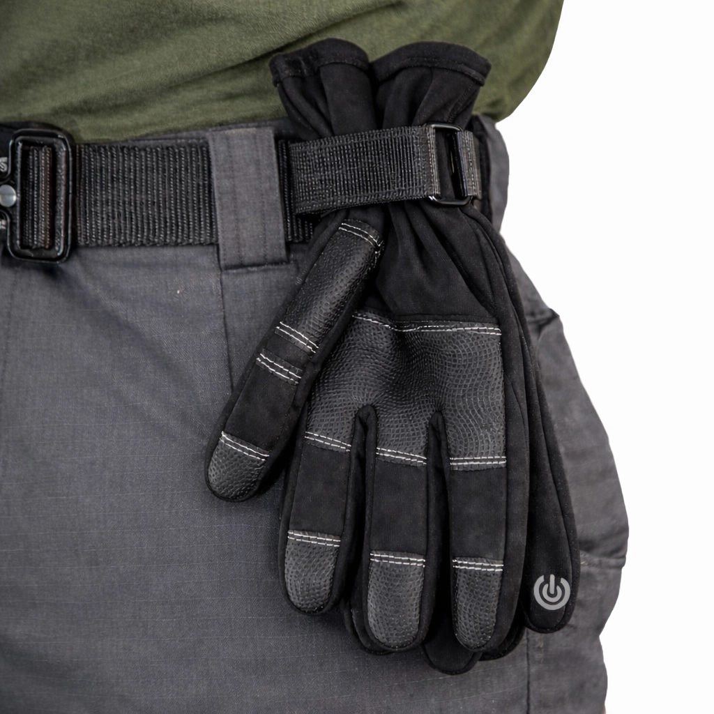 Side view of black winter gloves secured in a glove holder strap with loop hook